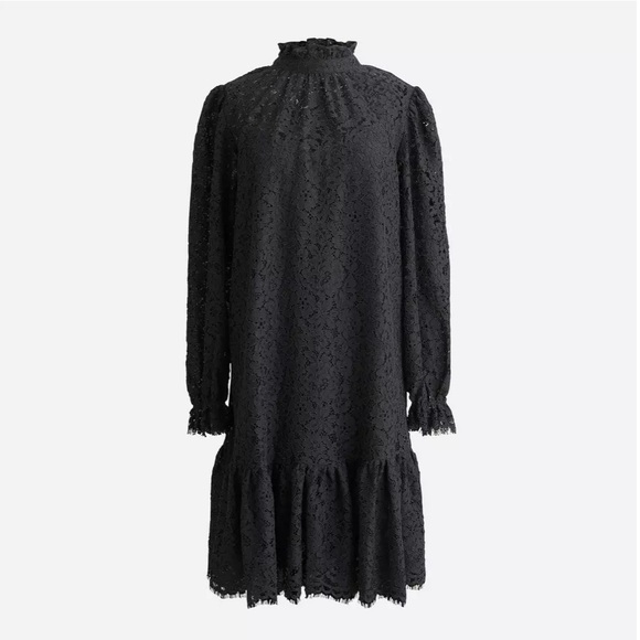 J Crew Black Lace Ruffle Balloon Sleeve Mock Neck Mini Dress - Picture 3 of 6
